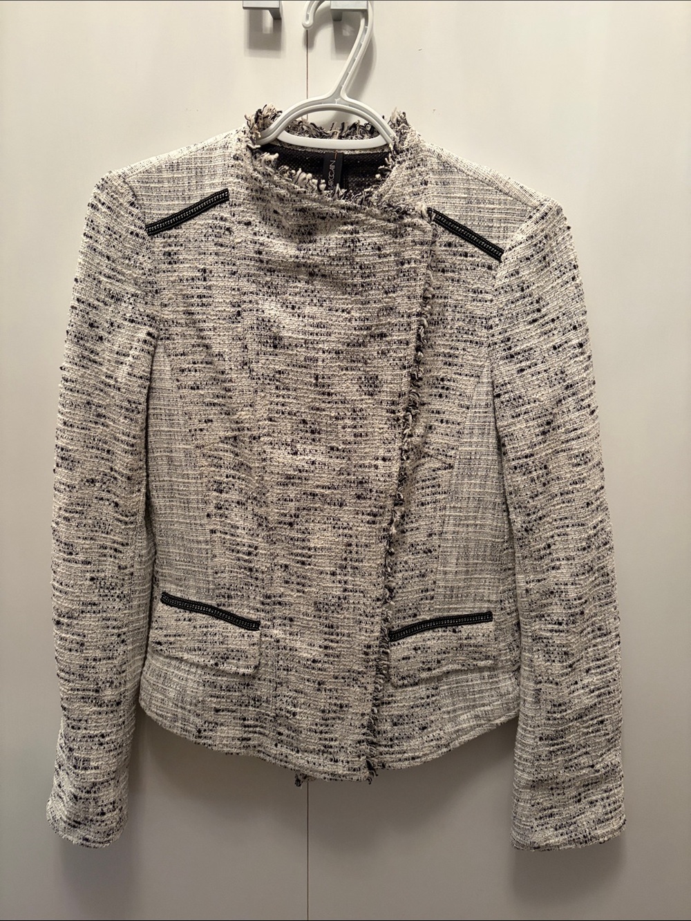 Marc Cain Ivory Speckled Tweed Jacket with Black Zip Trim